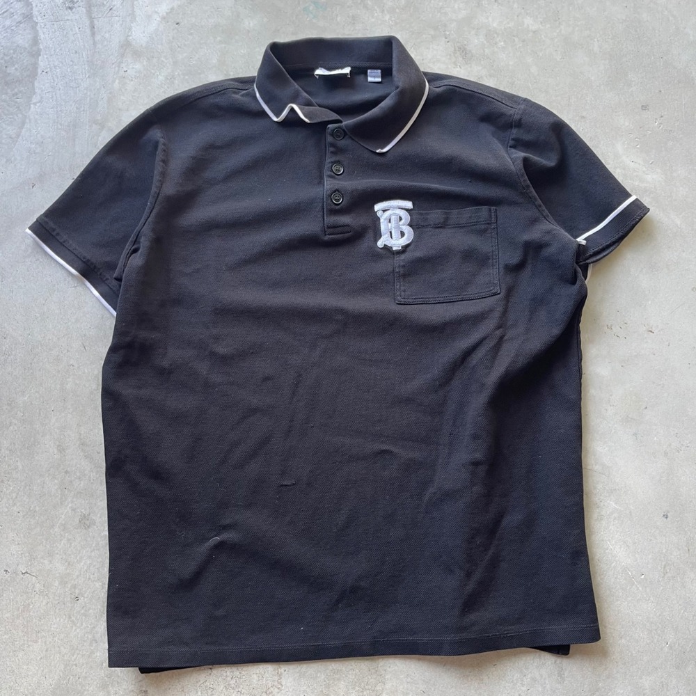 Burberry TB Monogram Logo Pocket Polo Shirt Black Mens Large Made in Portugal